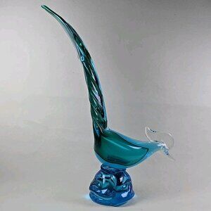 Vintage MCM 13" Murano Art Glass Teal Green Blue Pheasant Roadrunner Gift